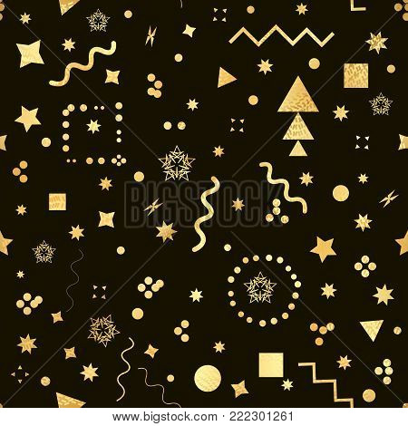 Trendy geometric elements memphis card. Seamless memphis pattern for tissue and postcards. Hipster poster, golden color background. Vector illustration