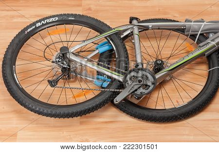 Brnenec, Czech Republic-April 9,2017: Unboxing of Bike Author Traction from paper box. Author is a Czech brand of bicycles, bike accessories and sporting goods