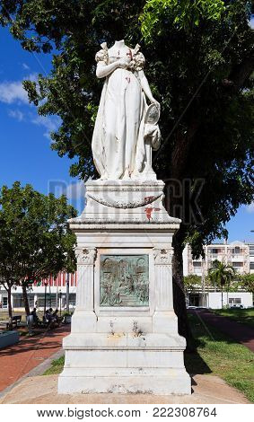 Fort-de-France, Martinique - January 04, 2018: The decapitated statue of the Empress Josephine. It was decapitated because of her alleged support for reintroduction of slavery into Martinique.