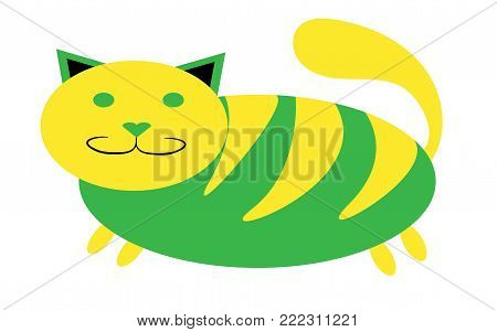 Greenish-yellow thick, tabby cat with short paws and a large snout with ears protruding upwards on a white background. Vector illustration.