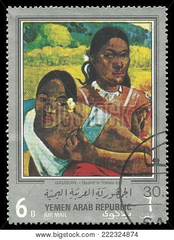 Yemen - circa 1968: Stamp printed by Yemen, Color edition on Art, Shows Painting When do you marry by Gauguin, circa 1968