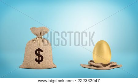 3d rendering of a tied-up brown sack with a dollar sign near an open sack with a large golden egg. Business risk. Pig in poke. Money bag.