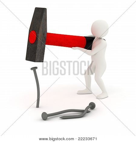 3D hombre golpeando y doblar el clavo