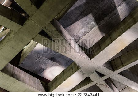 Budapest, Hungary - August 14, 2017: Interior view of Fovam ter, a Budapest Metro station in line 4. It has a modern complex structural system with reinforced concrete beams