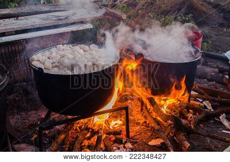 A lot of food coocked outside the house