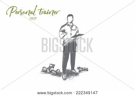 Personal trainer concept. Hand drawn professional fitness coach. Handsome male trainer with clipboard isolated vector illustration.