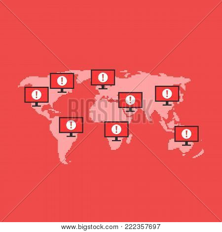 global cyber attack on computers and systems. trend modern logo graphic design illustration isolated on red background. concept of virtual cyberterrorist in cyberspace or spy bot for personal account