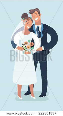 Vector cartoon funny illustration of Weddingt. Bridal ceremony, handsom groom and pretty bride in modern style. Characters on isolated white background.