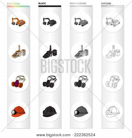 Mountain excavator, mine building, protective respirator, helmet miner. Mining industry set collection icons in cartoon black monochrome outline style vector symbol stock isometric illustration .