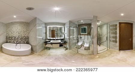 Minsk, Belarus - July 27, 2017: 360 Panorama View In Modern Empty Restroom Bathroom Toilet Lavatory,