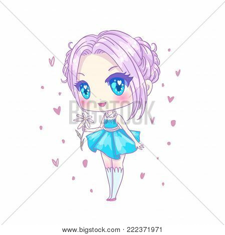 Cute vector illustration. Kawaii Anime girl. Big eyes. Use for postcards, print on clothes or other things. anner decorations. Happy valentine s day