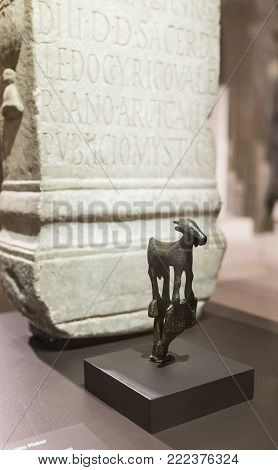 Madrid, Spain - November 10, 2017: Altar and votive figurine to goddess Ataecina at National Archeological  Museum of Madrid