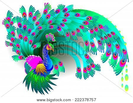 Illustration of magic blue  peacock, vector cartoon image.
