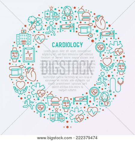 Cardiology concept in circle with thin line icons set: cardiologist, stethoscope, hospital, pulsometer, cardiogram, heartbeat. Modern vector illustration for banner, web page, print media.