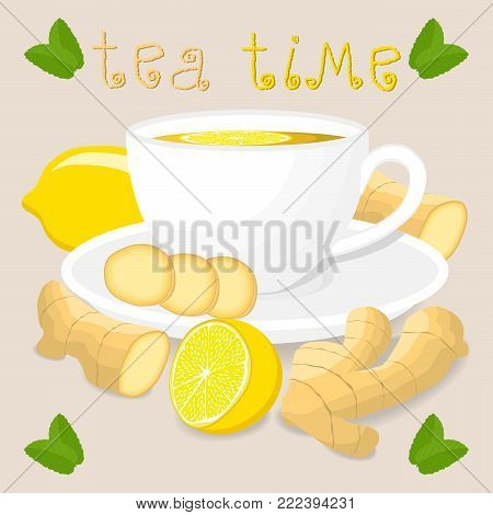Vector illustration logo for white ceramic cup tea, sliced citrus yellow lemon, chopped round ginger on saucer. Ginger pattern of glass teacup brewed in porcelain cups. Drink gingers teas from saucers