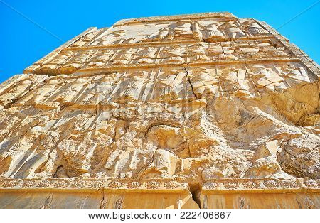The Stone Wall With Complex Reliefs Is The Part Of The Ancient Gate In Persepolis Archaeological Sit