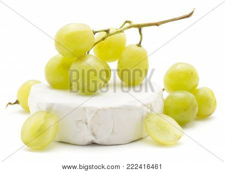 Grape bunch on hermelin cheese (Early Sweet or Grapaes variety, green, ripe) isolated on white background