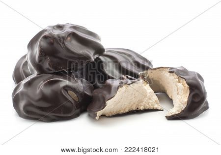 Dark chocolate-coated zefir set isolated on white background one broken four whole