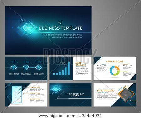 Vector business template set. Blue abstract banner, presentation with infographics, chart, diagram layout. Corporate annual report, advertising, marketing background. Brochure, flyer leaflet cover.