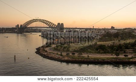 View over Millers point, Barangaroo reserve, at Sydney Harbour Bridge at sunrise, Australia
