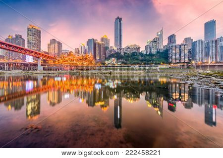 Chongqing, China skyline on the Jialing River at dusk.