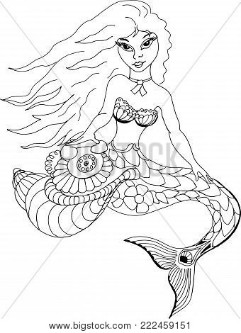 Mermaid with phone. Freehand sketch drawing for adult antistress coloring book
