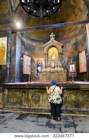 KHOR VIRAP MONASTERY, ARMENIA - 18 SEPTEMBER 2017: Interior of Famous Khor Virap Monastery in Armenia near mount Ararat