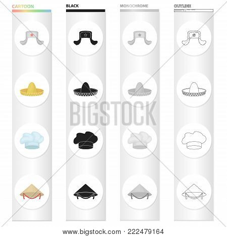 Sombrero, the cap of a cook, a Chinese cone, a fur hat.Hats set collection icons in cartoon black monochrome outline style vector symbol stock illustration .