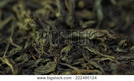 Tea Herbs Texture. Green Tea. Organic Dried Green Tea Leaves. Heap Of Dry Green Tea Leaves Backgroun
