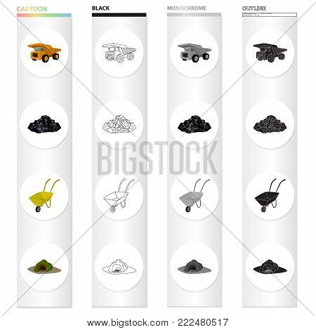 A rock, a large dump truck, a wheelbarrow, an entrance to the mine. Mining industry set collection icons in cartoon black monochrome outline style vector symbol stock isometric illustration .