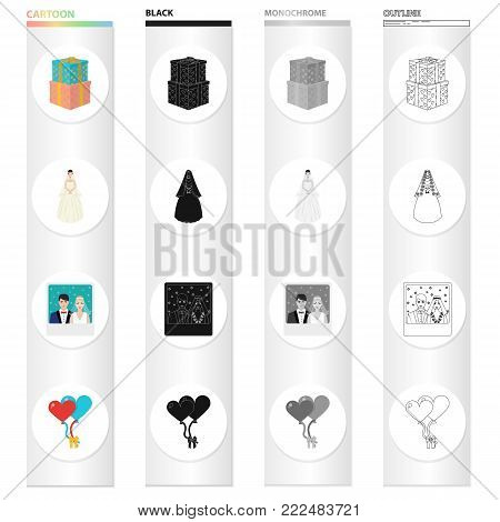 Wedding and Attributes cartoon black monochrome outline icons in set collection for design.Newlyweds and Accessories vector symbol stock illustration.