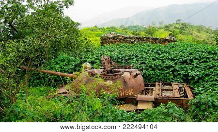 Abandoned tank at the road in Filfil national park in Eritrea