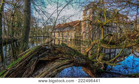 Senden, Coesfeld, Munsterland December 2017 - Watercastle Wasserschloss Schloss Senden during sunny day in Winter