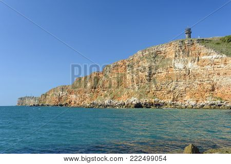 Cliff with lighthouse leading to cape Kaliakra, Bulgaria