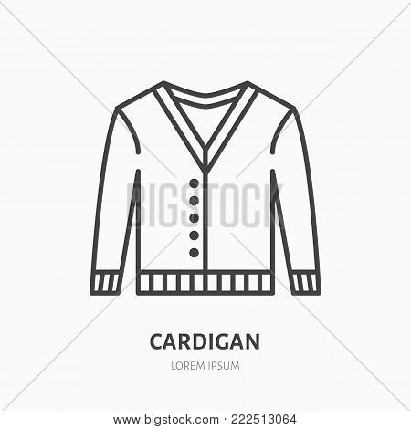 Cardigan, sweater flat line icon. Apparel store sign. Thin linear logo for clothing shop.