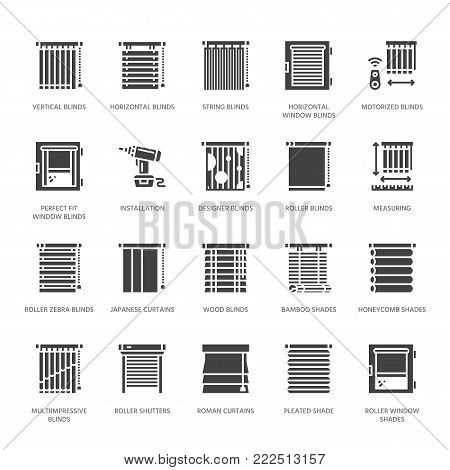 Window blinds, shades vector glyph icons. Various room darkening decoration, roller shutters, roman curtains, horizontal vertical jalousie. Interior design solid silhouette signs for house decor shop.