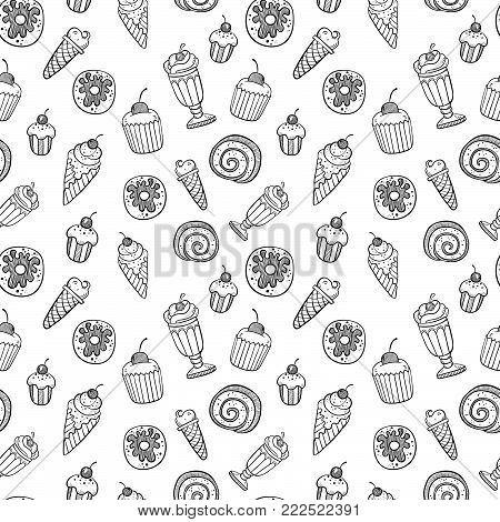 Hand drawn vector desserts set. Seamless pattern