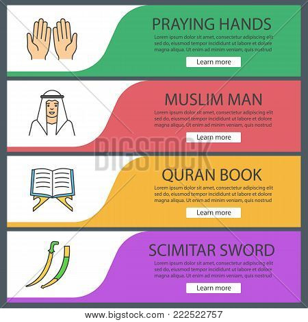 Islamic culture web banner templates set. Praying hands, muslim man, quran book, scimitar sword. Website color menu items. Vector headers design concepts