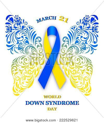 Vector illustration of floral butterfly with ribbon for World Down Syndrome Day