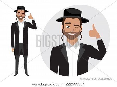Positive jew guy smiling and recommended. Happy man in casual cloth. Laughing man showing thumbs up.