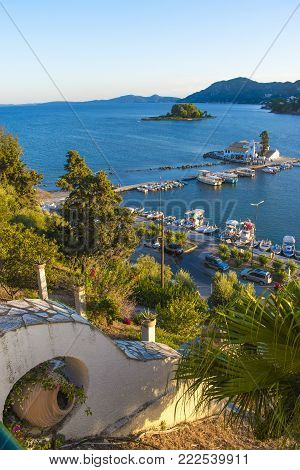 Panoramic aerial view of Vlacherna Monastery in Kerkyra in Corfu island, Greece