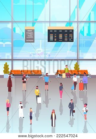 Airport Interior With Passangers Crowd Walking To Waiting Hall And Departure Lounge, Terminal People Holding Suitcases Flat Vector Illustration