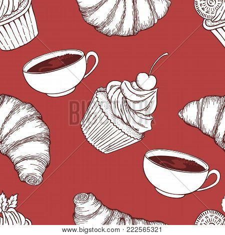 Hand drawn vector doodle cups, croissant and cupcakes seamless pattern.