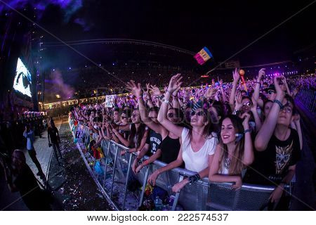 Cluj-Napoca, Romania - August 6, 2017:  Crowd having fun at Martin Garrix, a Dutch DJ, record producer and musician live concert at Untold Festival, the Best Major Music Festival of Europe