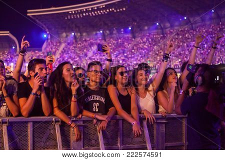 Cluj-Napoca, Romania - August 6, 2017: Crowd of young fans of Martin Garrix, popular dutch DJ, waiting for the show at Untold Festival, the Best Major Music Festival of Europe