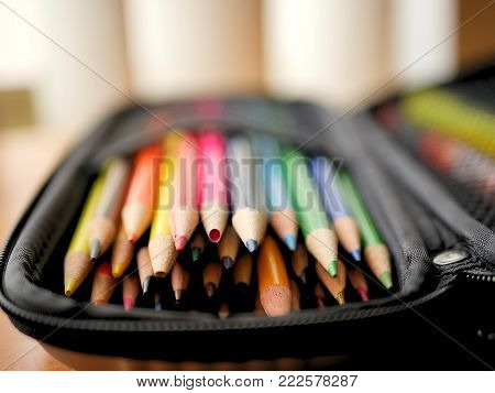 Colored Pencils and Art Supplies in Pencil Case