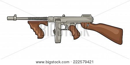 Gangsters automatic weapon Tommy gun. Flat vintage vector color illustration. Isolated on white background. Hand drawn design element for label and poster