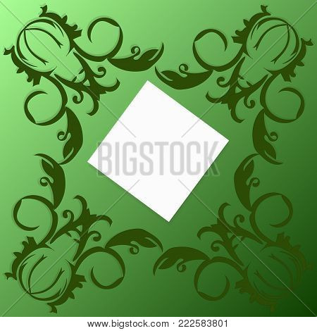 green card with swirls. Green floral retro card