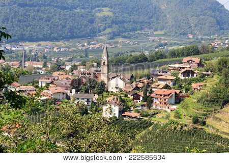 Townscape of Algund and mountain alps panorama in South Tyrol