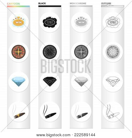 Casino and gambling cartoon black monochrome outline icons in set collection for design. Casino and equipment vector symbol stock illustration.